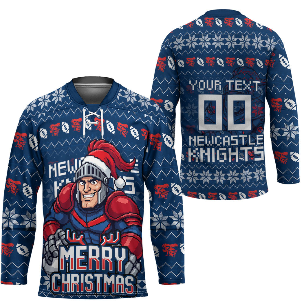 Personalized Newcastle Knights Christmas Hockey Jersey Australian Rugby Fans - Pixelated Ugly Xmas Pattern Mascot Santa