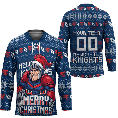Personalized Newcastle Knights Christmas Hockey Jersey Australian Rugby Fans - Pixelated Ugly Xmas Pattern Mascot Santa