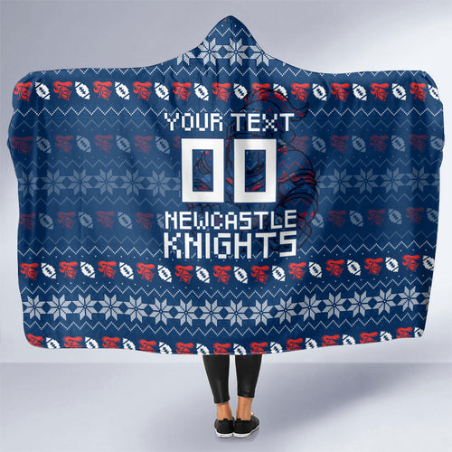 Personalized Newcastle Knights Christmas Hooded Blanket Australian Rugby Fans - Pixelated Ugly Xmas Pattern Mascot Santa
