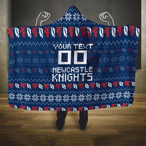 Personalized Newcastle Knights Christmas Hooded Blanket Australian Rugby Fans - Pixelated Ugly Xmas Pattern Mascot Santa
