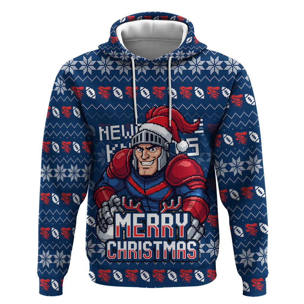 Personalized Newcastle Knights Christmas Hoodie Australian Rugby Fans - Pixelated Ugly Xmas Pattern Mascot Santa