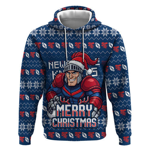 Personalized Newcastle Knights Christmas Hoodie Australian Rugby Fans - Pixelated Ugly Xmas Pattern Mascot Santa