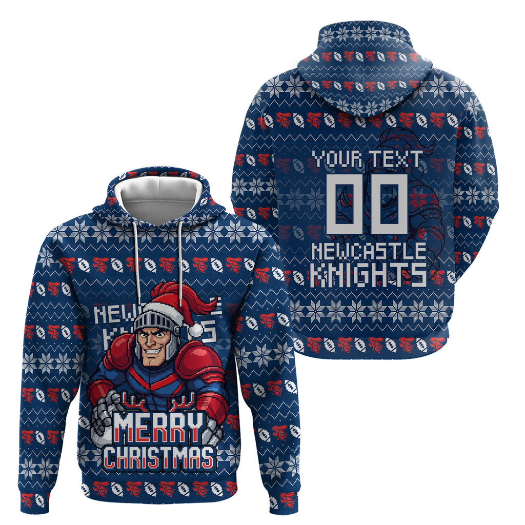 Personalized Newcastle Knights Christmas Hoodie Australian Rugby Fans - Pixelated Ugly Xmas Pattern Mascot Santa