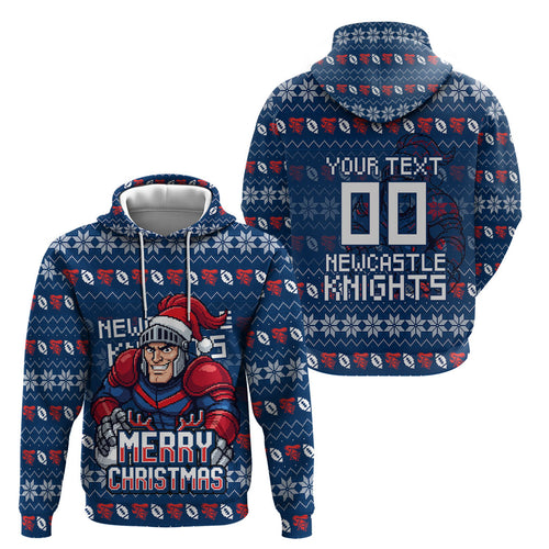 Personalized Newcastle Knights Christmas Hoodie Australian Rugby Fans - Pixelated Ugly Xmas Pattern Mascot Santa