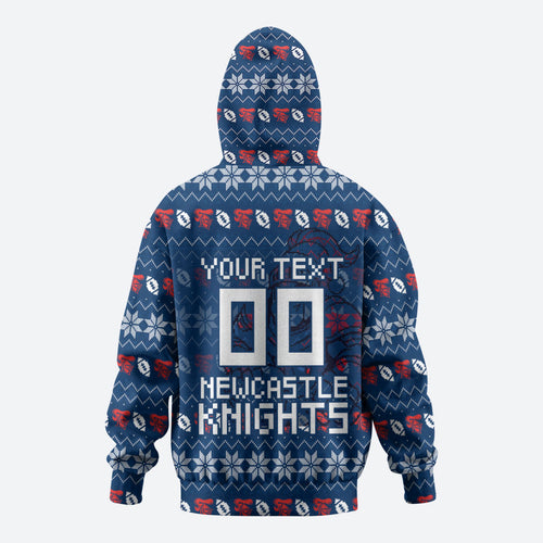 Personalized Newcastle Knights Christmas Hoodie Australian Rugby Fans - Pixelated Ugly Xmas Pattern Mascot Santa