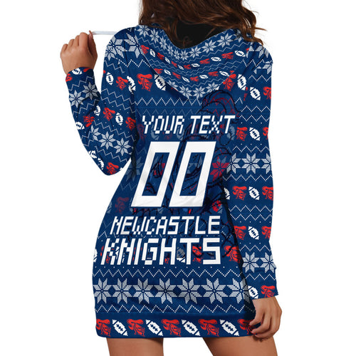 Personalized Newcastle Knights Christmas Hoodie Dress Australian Rugby Fans - Pixelated Ugly Xmas Pattern Mascot Santa