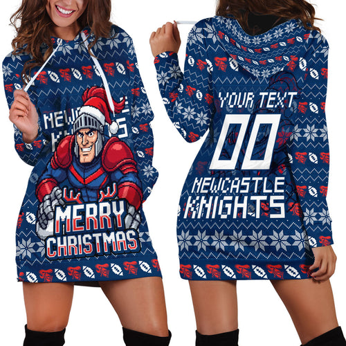 Personalized Newcastle Knights Christmas Hoodie Dress Australian Rugby Fans - Pixelated Ugly Xmas Pattern Mascot Santa