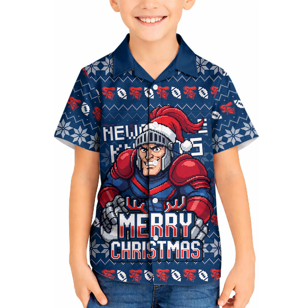 Personalized Newcastle Knights Christmas Kid Hawaiian Shirt Australian Rugby Fans - Pixelated Ugly Xmas Pattern Mascot Santa
