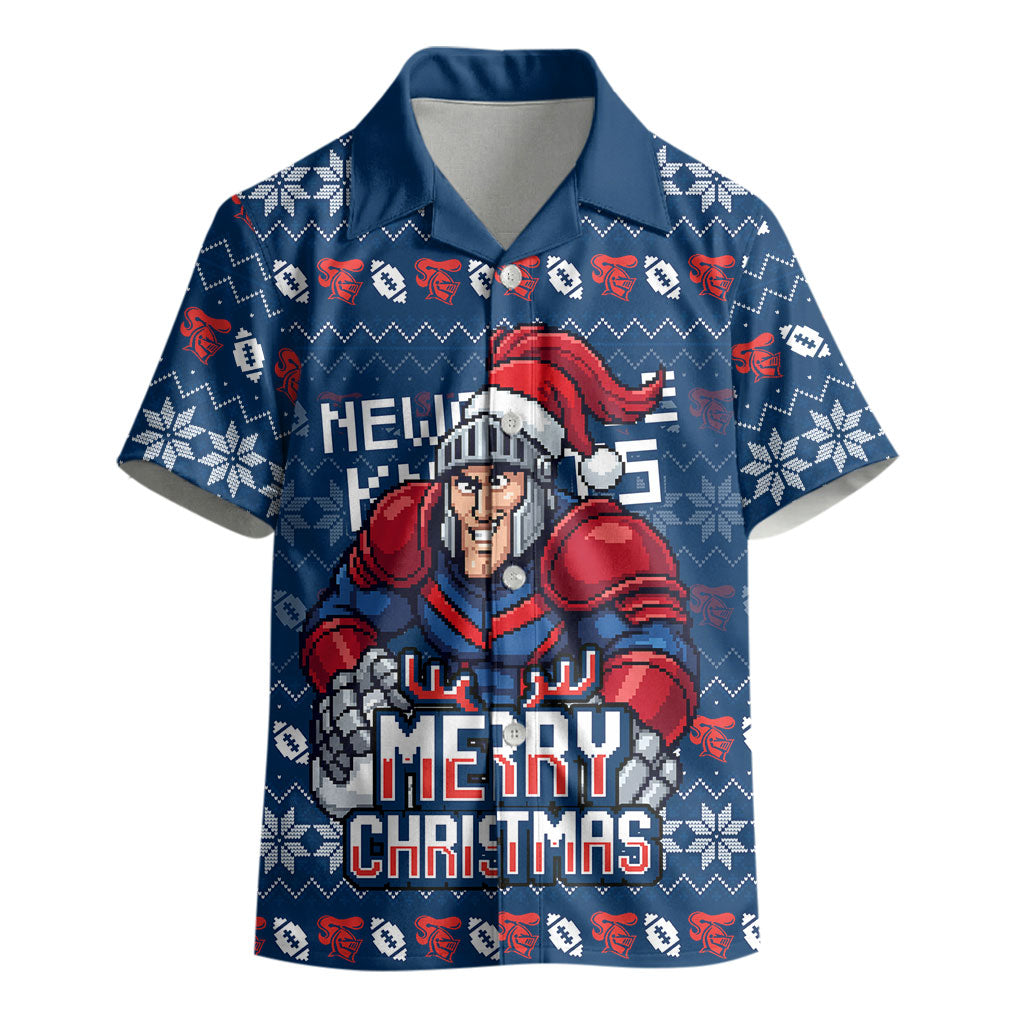 Personalized Newcastle Knights Christmas Kid Hawaiian Shirt Australian Rugby Fans - Pixelated Ugly Xmas Pattern Mascot Santa