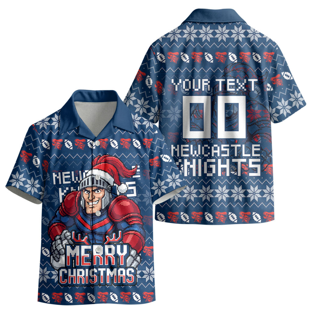 Personalized Newcastle Knights Christmas Kid Hawaiian Shirt Australian Rugby Fans - Pixelated Ugly Xmas Pattern Mascot Santa