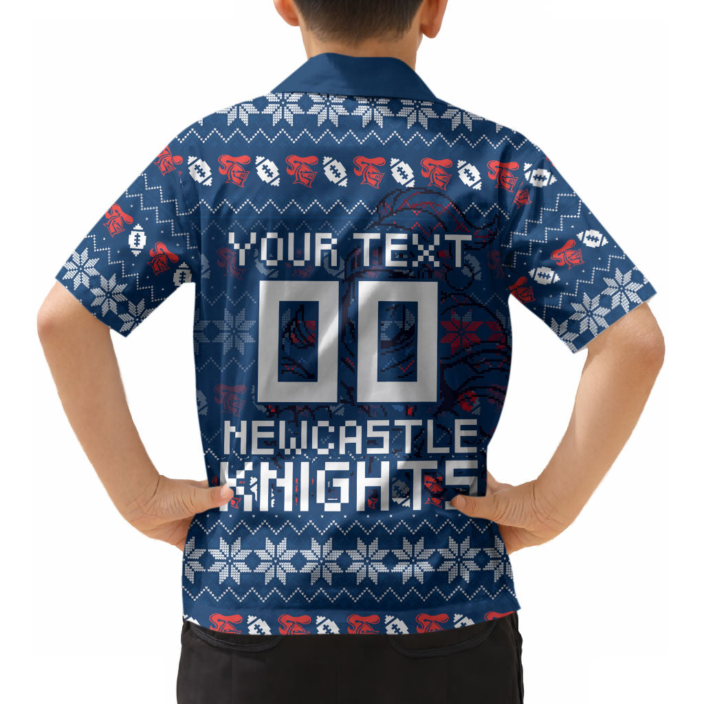 Personalized Newcastle Knights Christmas Kid Hawaiian Shirt Australian Rugby Fans - Pixelated Ugly Xmas Pattern Mascot Santa