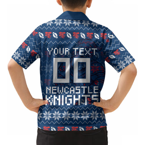 Personalized Newcastle Knights Christmas Kid Hawaiian Shirt Australian Rugby Fans - Pixelated Ugly Xmas Pattern Mascot Santa