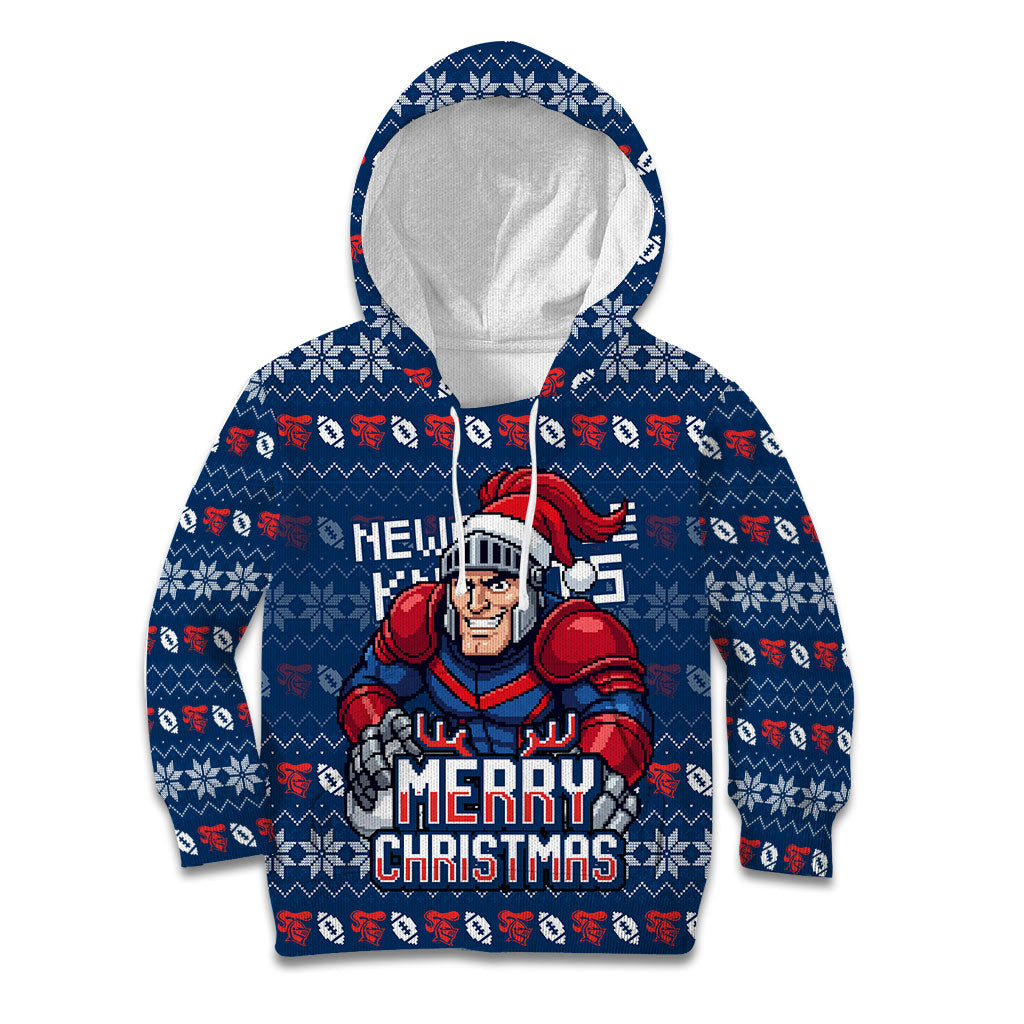 Personalized Newcastle Knights Christmas Kid Hoodie Australian Rugby Fans - Pixelated Ugly Xmas Pattern Mascot Santa