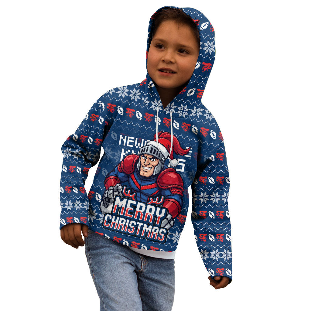 Personalized Newcastle Knights Christmas Kid Hoodie Australian Rugby Fans - Pixelated Ugly Xmas Pattern Mascot Santa