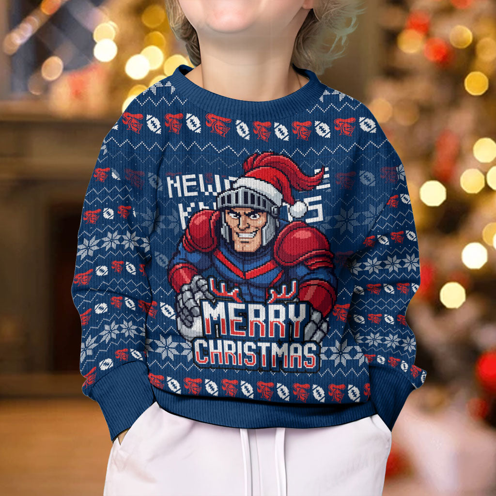 Personalized Newcastle Knights Christmas Kid Ugly Christmas Sweater Australian Rugby Fans - Pixelated Ugly Xmas Pattern Mascot Santa