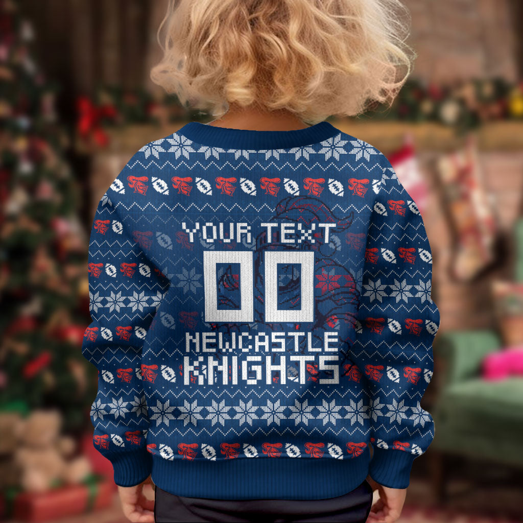 Personalized Newcastle Knights Christmas Kid Ugly Christmas Sweater Australian Rugby Fans - Pixelated Ugly Xmas Pattern Mascot Santa