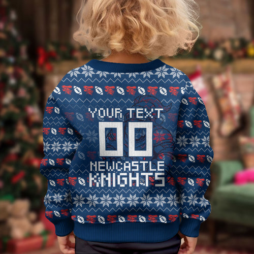 Personalized Newcastle Knights Christmas Kid Ugly Christmas Sweater Australian Rugby Fans - Pixelated Ugly Xmas Pattern Mascot Santa