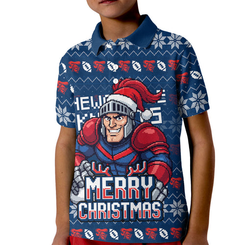 Personalized Newcastle Knights Christmas Kid Polo Shirt Australian Rugby Fans - Pixelated Ugly Xmas Pattern Mascot Santa