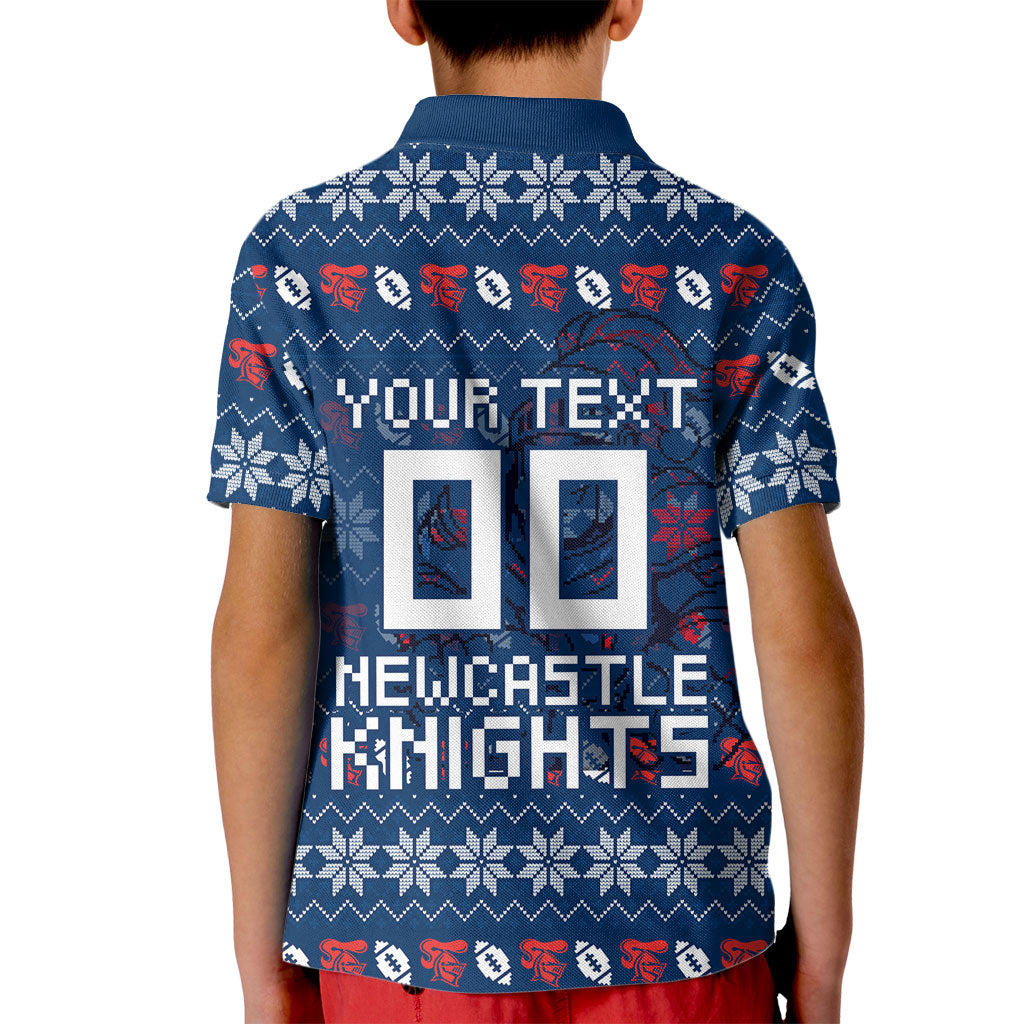 Personalized Newcastle Knights Christmas Kid Polo Shirt Australian Rugby Fans - Pixelated Ugly Xmas Pattern Mascot Santa
