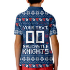 Personalized Newcastle Knights Christmas Kid Polo Shirt Australian Rugby Fans - Pixelated Ugly Xmas Pattern Mascot Santa