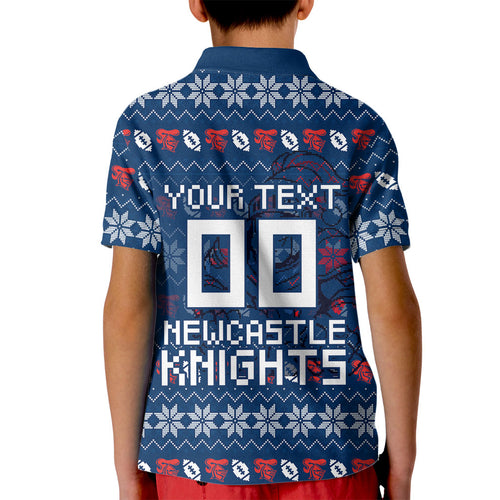 Personalized Newcastle Knights Christmas Kid Polo Shirt Australian Rugby Fans - Pixelated Ugly Xmas Pattern Mascot Santa