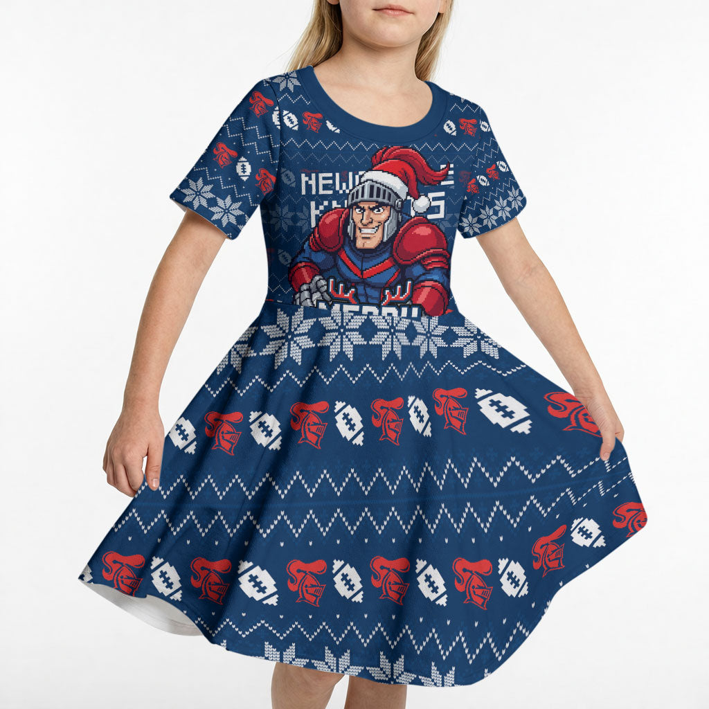 Personalized Newcastle Knights Christmas Kid Short Sleeve Dress Australian Rugby Fans - Pixelated Ugly Xmas Pattern Mascot Santa