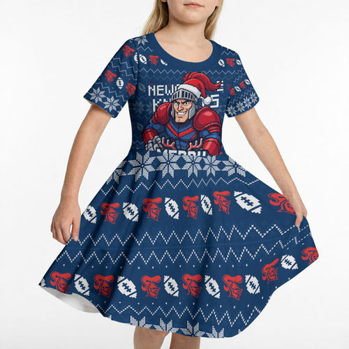 Personalized Newcastle Knights Christmas Kid Short Sleeve Dress Australian Rugby Fans - Pixelated Ugly Xmas Pattern Mascot Santa