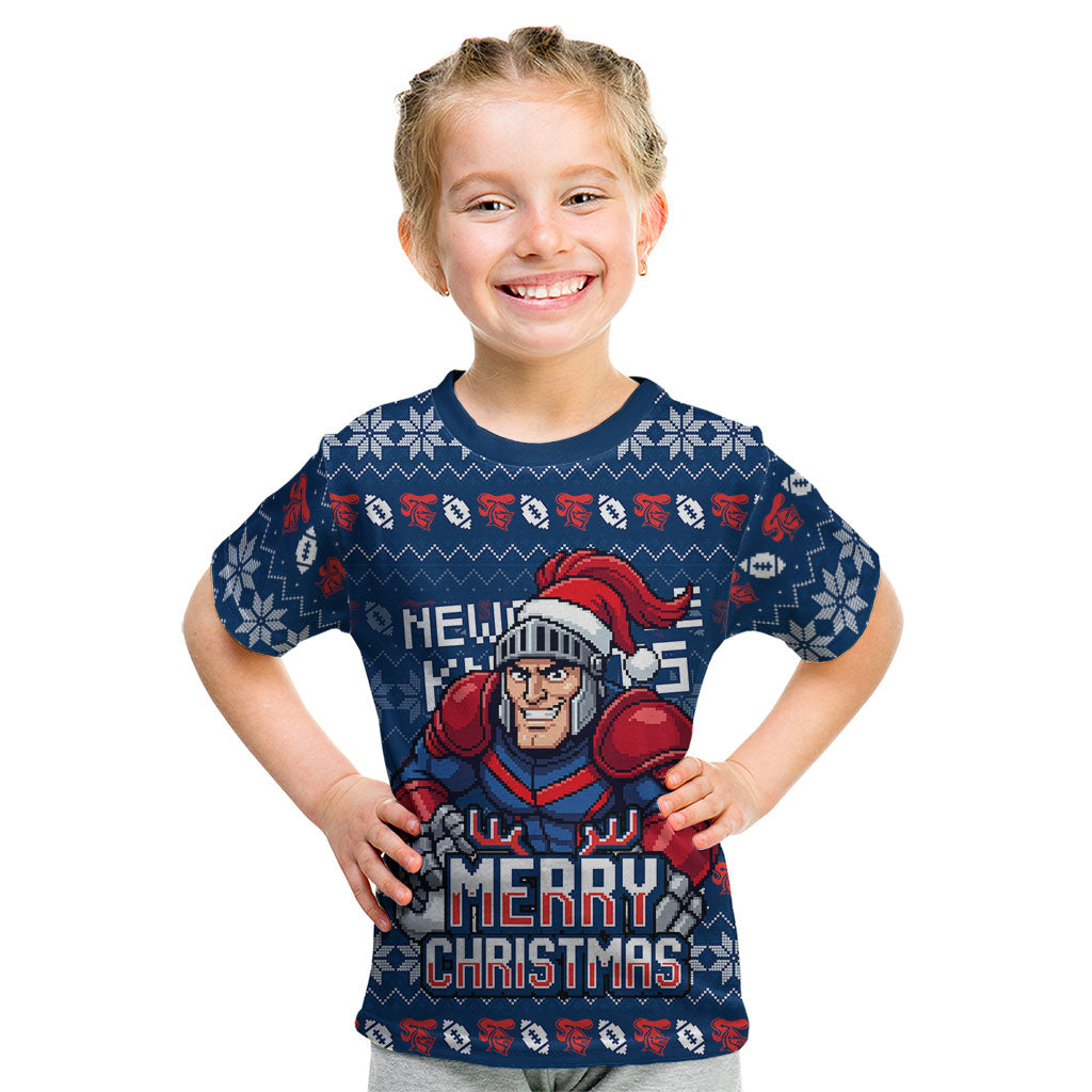 Personalized Newcastle Knights Christmas Kid T Shirt Australian Rugby Fans - Pixelated Ugly Xmas Pattern Mascot Santa