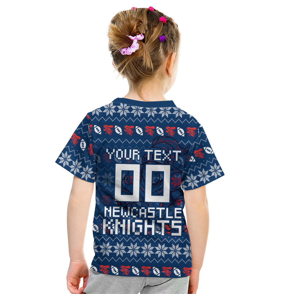 Personalized Newcastle Knights Christmas Kid T Shirt Australian Rugby Fans - Pixelated Ugly Xmas Pattern Mascot Santa