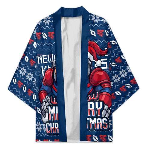 Personalized Newcastle Knights Christmas Kimono Australian Rugby Fans - Pixelated Ugly Xmas Pattern Mascot Santa