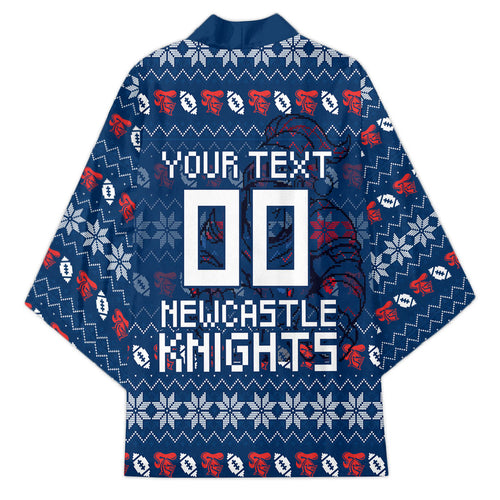 Personalized Newcastle Knights Christmas Kimono Australian Rugby Fans - Pixelated Ugly Xmas Pattern Mascot Santa