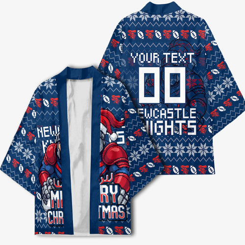 Personalized Newcastle Knights Christmas Kimono Australian Rugby Fans - Pixelated Ugly Xmas Pattern Mascot Santa