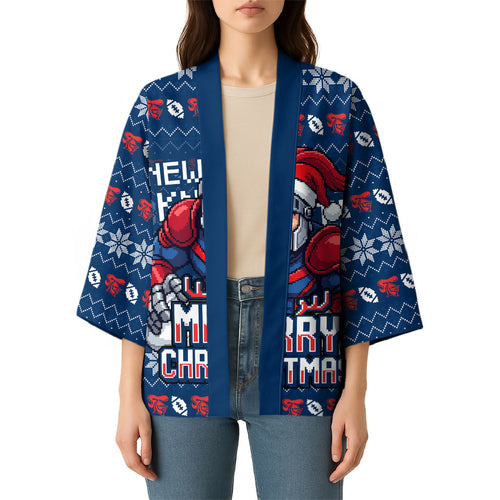 Personalized Newcastle Knights Christmas Kimono Australian Rugby Fans - Pixelated Ugly Xmas Pattern Mascot Santa