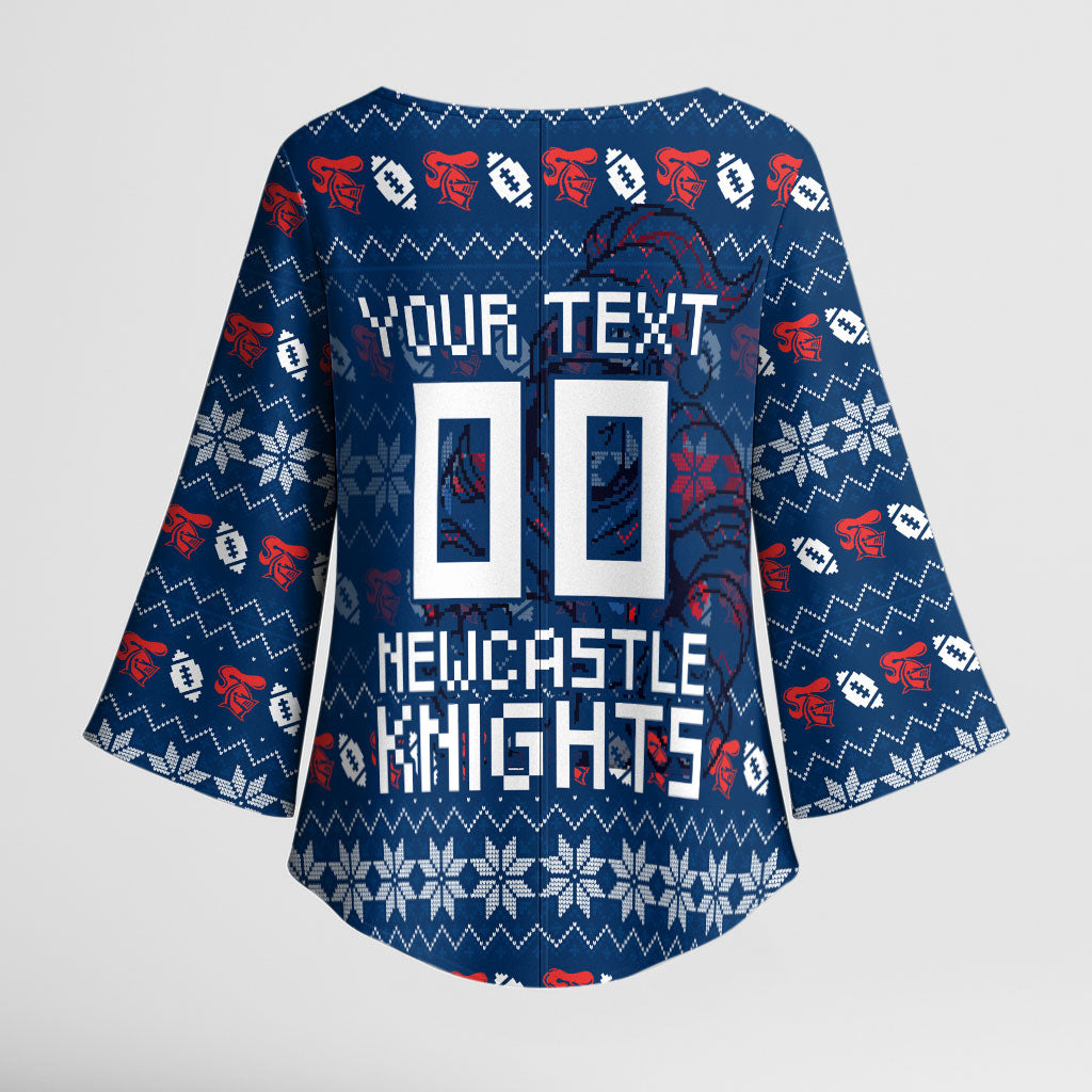 Personalized Newcastle Knights Christmas Kimono Sleeve Blouse Australian Rugby Fans - Pixelated Ugly Xmas Pattern Mascot Santa