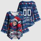 Personalized Newcastle Knights Christmas Kimono Sleeve Blouse Australian Rugby Fans - Pixelated Ugly Xmas Pattern Mascot Santa