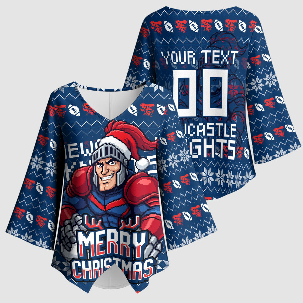 Personalized Newcastle Knights Christmas Kimono Sleeve Blouse Australian Rugby Fans - Pixelated Ugly Xmas Pattern Mascot Santa