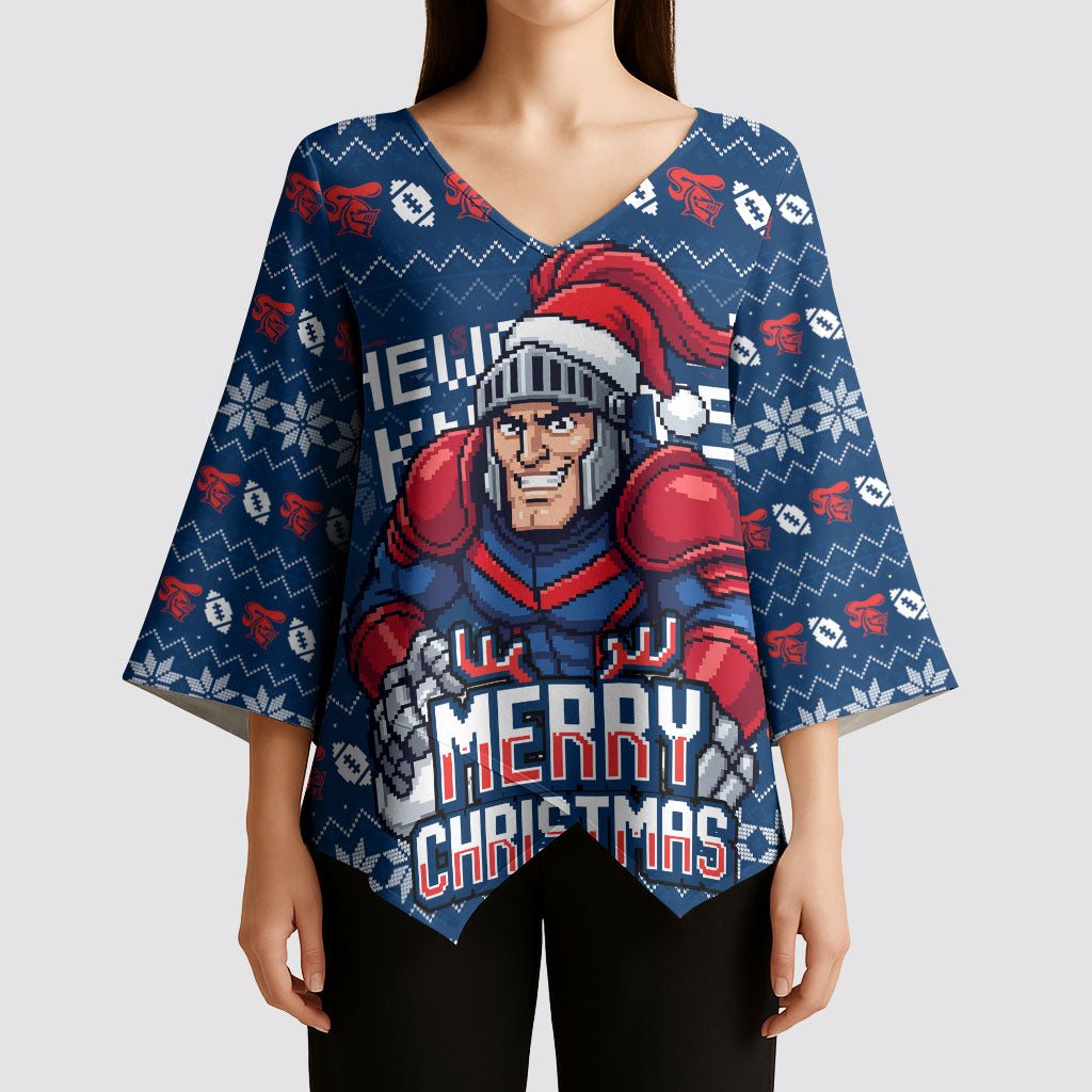 Personalized Newcastle Knights Christmas Kimono Sleeve Blouse Australian Rugby Fans - Pixelated Ugly Xmas Pattern Mascot Santa
