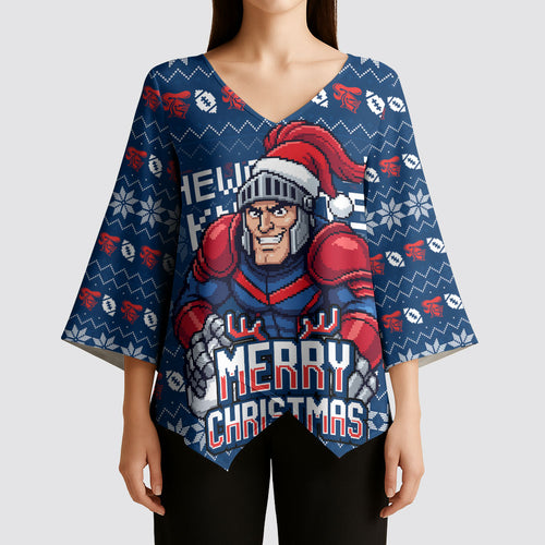 Personalized Newcastle Knights Christmas Kimono Sleeve Blouse Australian Rugby Fans - Pixelated Ugly Xmas Pattern Mascot Santa