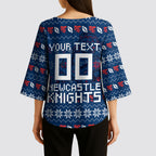 Personalized Newcastle Knights Christmas Kimono Sleeve Blouse Australian Rugby Fans - Pixelated Ugly Xmas Pattern Mascot Santa