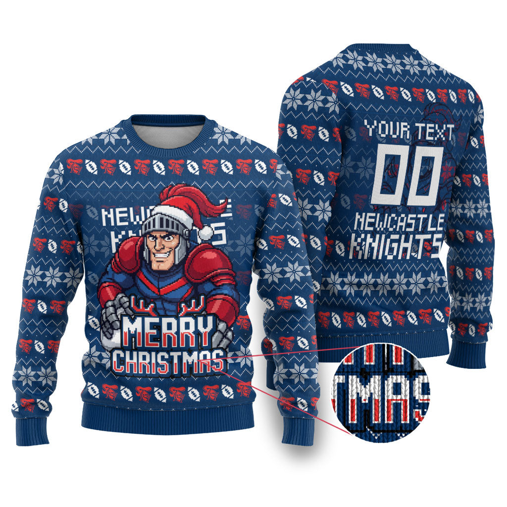 Personalized Newcastle Knights Christmas Ugly Christmas Sweater Australian Rugby Fans - Pixelated Ugly Xmas Pattern Mascot Santa