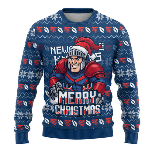 Personalized Newcastle Knights Christmas Ugly Christmas Sweater Australian Rugby Fans - Pixelated Ugly Xmas Pattern Mascot Santa