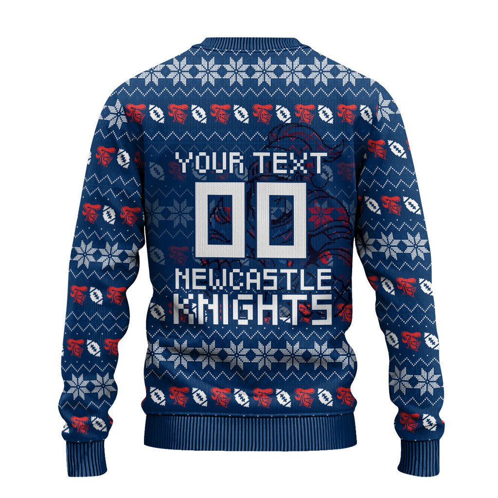 Personalized Newcastle Knights Christmas Ugly Christmas Sweater Australian Rugby Fans - Pixelated Ugly Xmas Pattern Mascot Santa