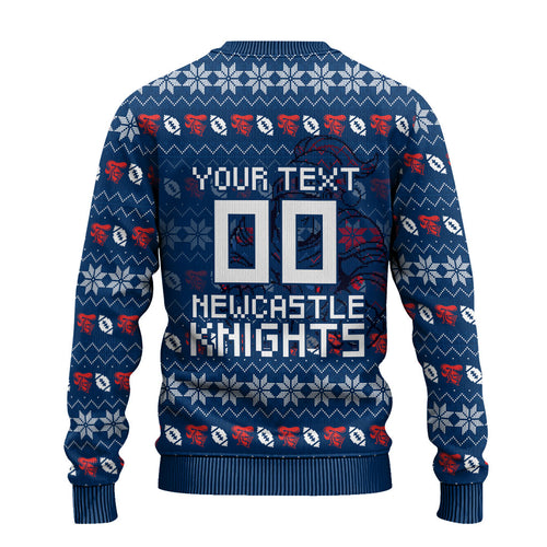 Personalized Newcastle Knights Christmas Ugly Christmas Sweater Australian Rugby Fans - Pixelated Ugly Xmas Pattern Mascot Santa