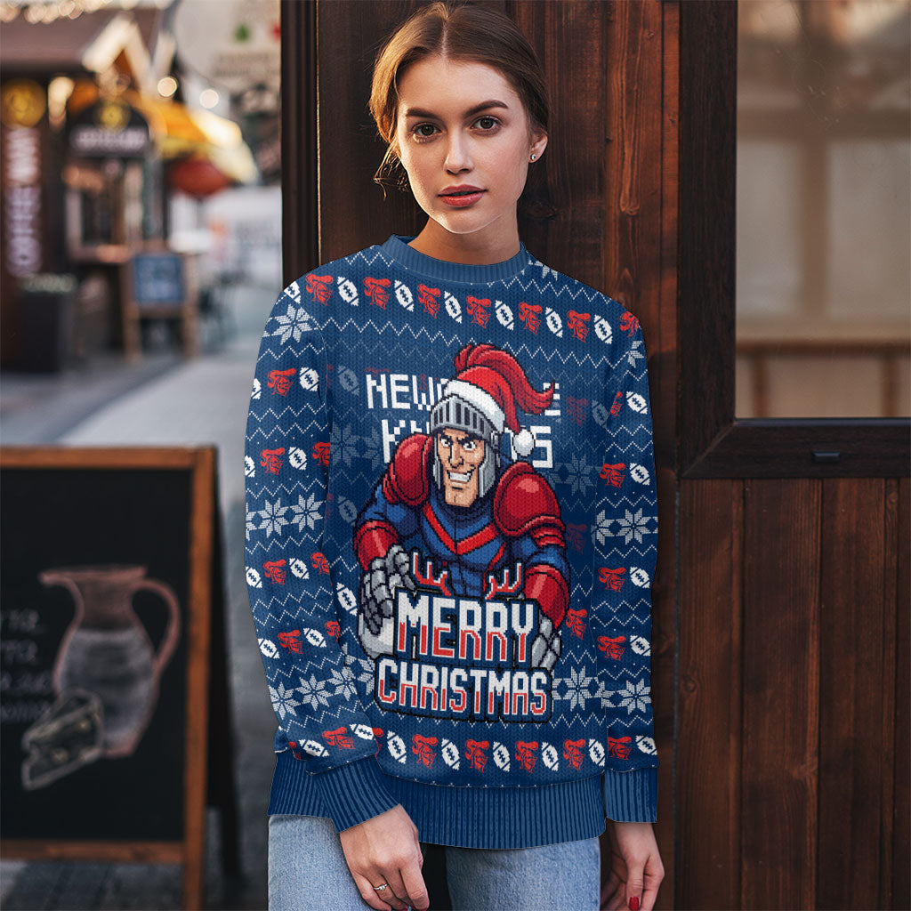 Personalized Newcastle Knights Christmas Ugly Christmas Sweater Australian Rugby Fans - Pixelated Ugly Xmas Pattern Mascot Santa