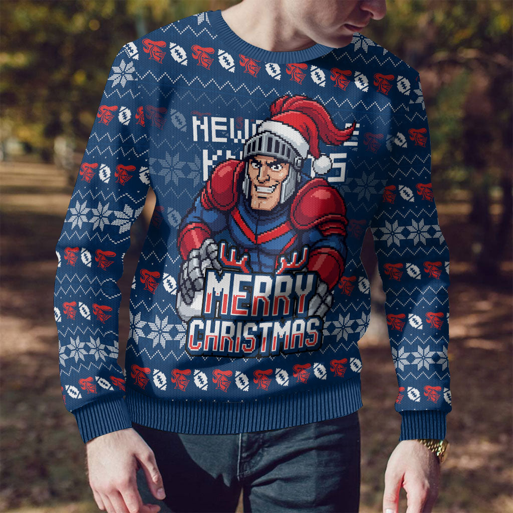 Personalized Newcastle Knights Christmas Ugly Christmas Sweater Australian Rugby Fans - Pixelated Ugly Xmas Pattern Mascot Santa
