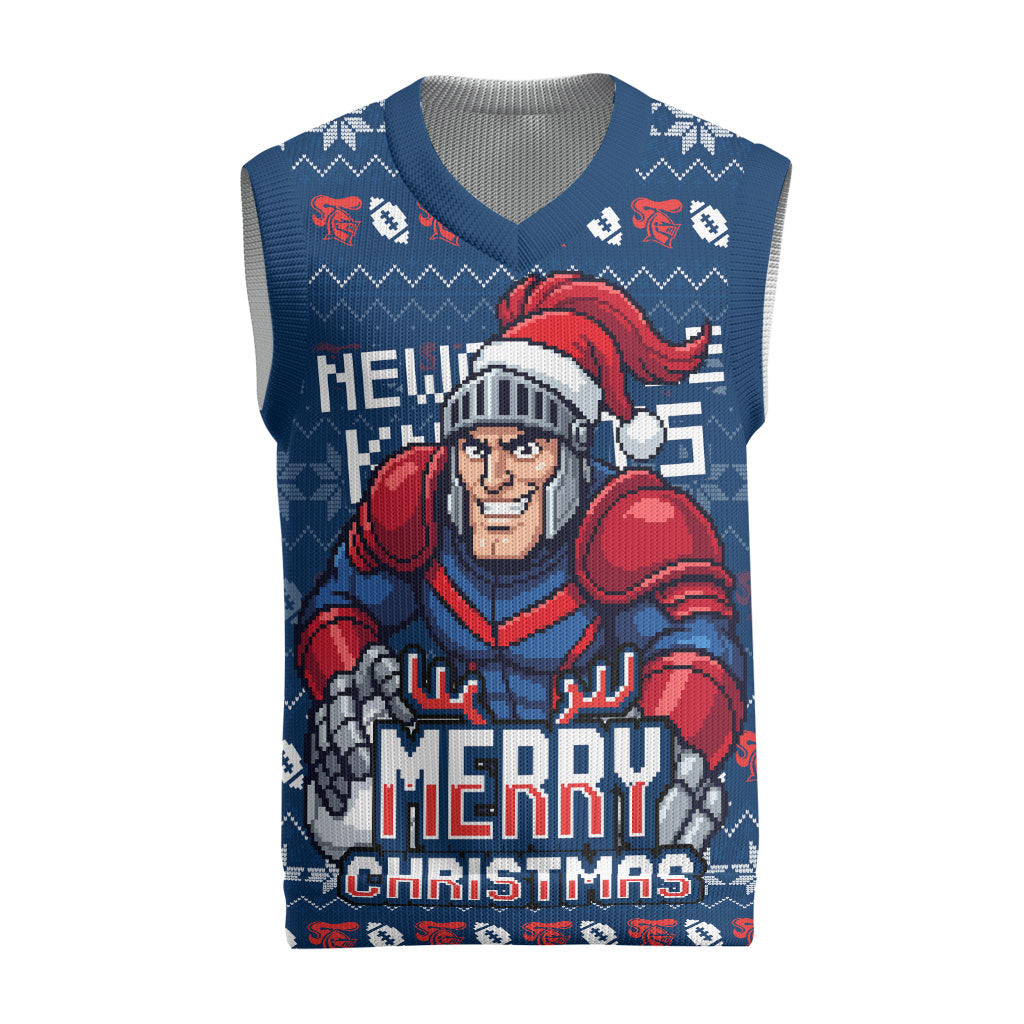Personalized Newcastle Knights Christmas Knitted V-Neck Vest Australian Rugby Fans - Pixelated Ugly Xmas Pattern Mascot Santa