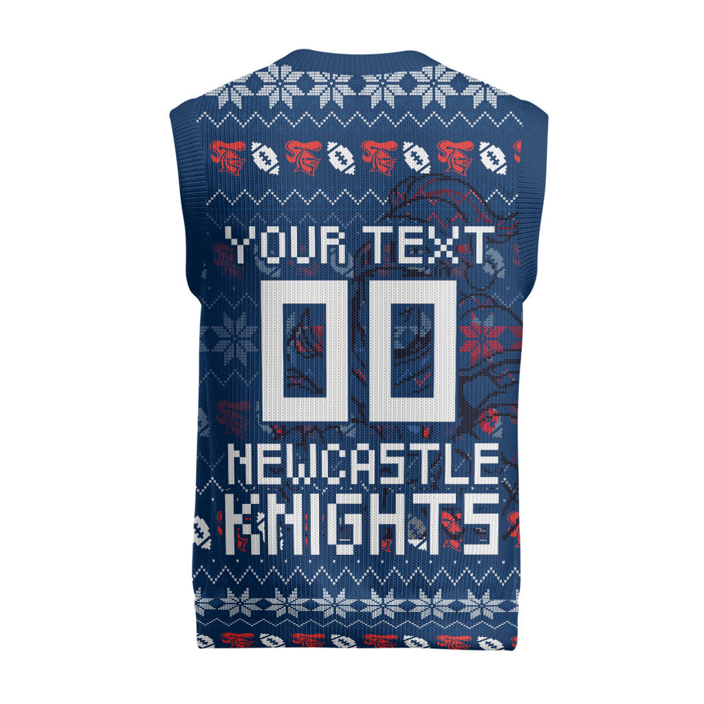 Personalized Newcastle Knights Christmas Knitted V-Neck Vest Australian Rugby Fans - Pixelated Ugly Xmas Pattern Mascot Santa