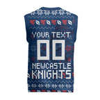 Personalized Newcastle Knights Christmas Knitted V-Neck Vest Australian Rugby Fans - Pixelated Ugly Xmas Pattern Mascot Santa