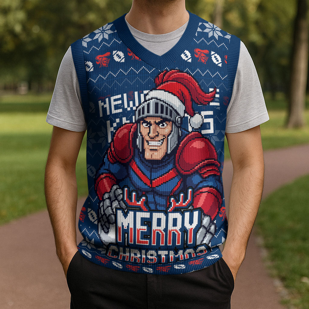 Personalized Newcastle Knights Christmas Knitted V-Neck Vest Australian Rugby Fans - Pixelated Ugly Xmas Pattern Mascot Santa