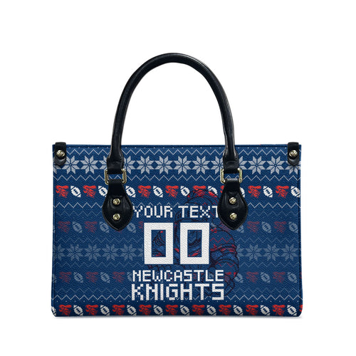 Personalized Newcastle Knights Christmas Leather Bag Australian Rugby Fans - Pixelated Ugly Xmas Pattern Mascot Santa
